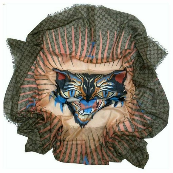 Gucci GG Logo Angry Cat Square Scarf/Shawl 55"X55" - Picture 1 of 10